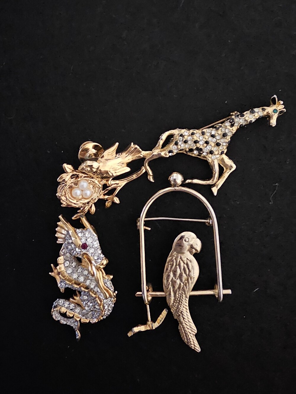 Gold-Tone Animal Brooch Set with Crystals and Pearls